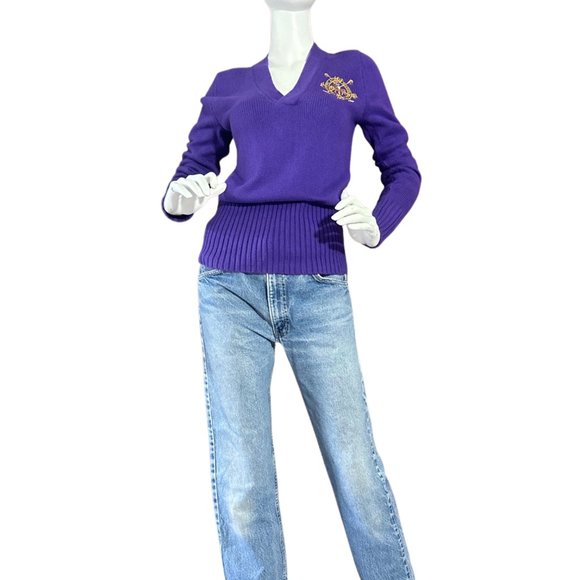 Ralph Lauren Sport Crest V Neck Sweater Purple Knit Ribbed Preppy Polo Pony S - Picture 2 of 5